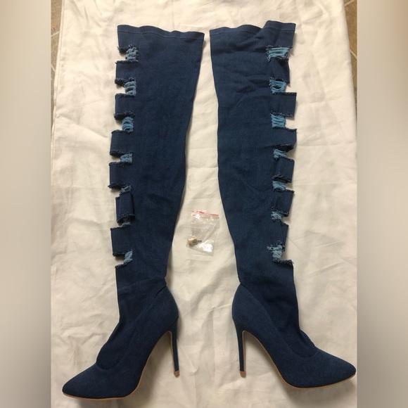 Shoes - THIGH HIGH DISTRESSED DENIM HIGH HEEL BOOTS SIZE: 8.5